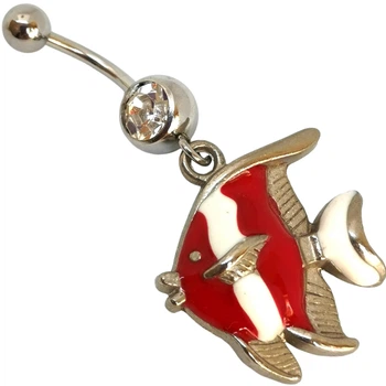 Серьга для пирсинга пупка Shine из медицинской стали с фигурной подвеской рыбка красная