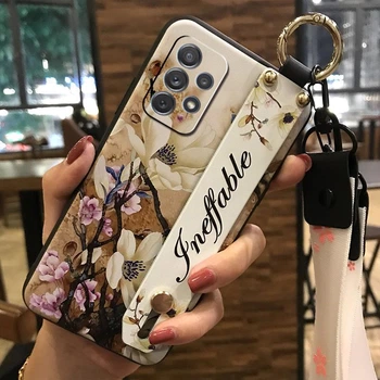Силиконовый чехол для Samsung Galaxy A23 с ремешком-подставкой и на шею Цветы на бежевом