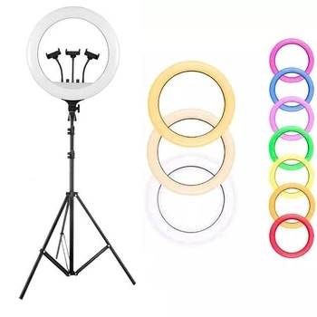 Лампа кольцевая LED 45 см 3D-45 18" 416 pcs normal lights+72 cm RGB lights, with remote с 3-мя держателями для телефона для съёмки фото и видео чёрный Без Бренда (756486)