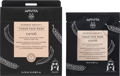 Чорна тканинна маска для обличчя Apivita Express Beauty з насінням ріжкового дерева Детокс і очищення 20 мл (5201279078867)