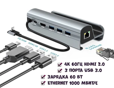 Док-станция 4K 60ГЦ 6в1 для Steam Deck|Macbook|iPad|Android (HDMI/ Gigabit Ethernet/ 3хUSB 3.0/ USB-C)