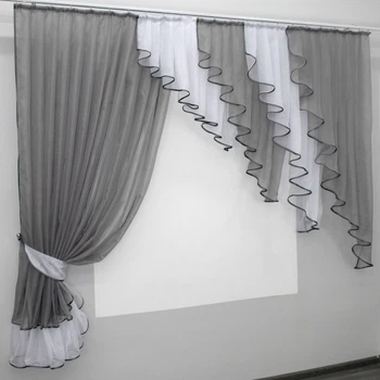 Кухонный комплект VR-Textil № 070к шторка с ламбрекеном серый с белым 200х170 см (50-249)
