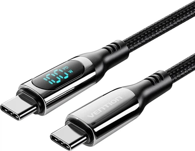 Kabel Vention Zinc Alloy USB 3.1 Type-C M-M 1.2 m 100 W z wyświetlaczem Czarny (TAYBAV)