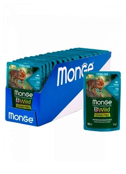 Упаковка влажного беззернового корма Monge Cat Wet Bwild Grain Free Sterilised из тунца и креветок (кусочки в соусе), 85 г х 28 шт