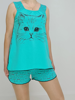 Пижама женская трикотажная Котики (майка + шорты) 48-50 Бирюзовая (52049174-2)
