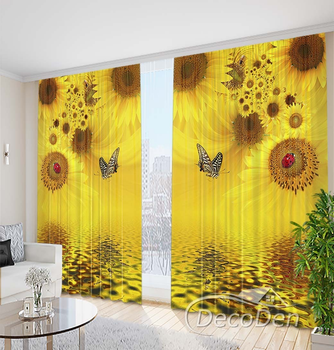 3D Фото Штори PHOTODECOR "Квіти соняшників над водою з метеликами"
