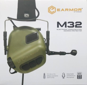 Активні захисні навушники Earmor M32 FG(MOD3) Микрофон з кріпленням на голов під шолому, каску ORIGINAL ( Зелений )