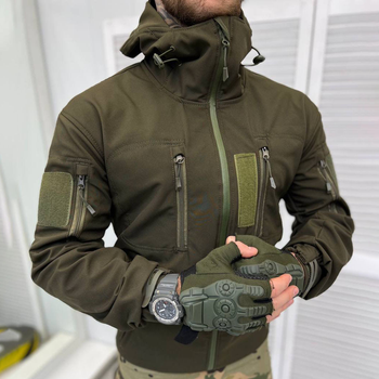 Мужская демисезонная Куртка SoftShell с капюшоном и дополнительными карманами олива размер XL
