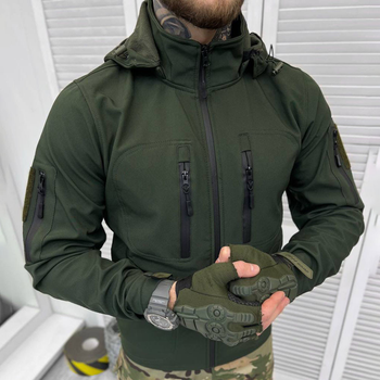 Мужская демисезонная Куртка SoftShell с капюшоном и дополнительными карманами олива размер 2XL