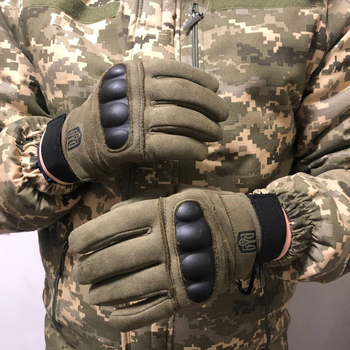 Плотные зимние перчатки на флисе с принтом Герб Украины и защитными накладками олива размер M