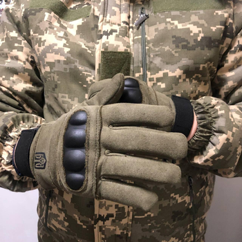 Плотные зимние перчатки на флисе с принтом Герб Украины и защитными накладками олива размер L