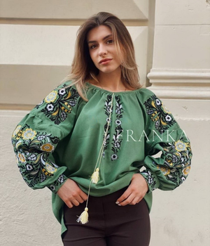 Женская вышиванка зеленая "Мавка" цветочная на льняной ткани 12154-54 (2XL)