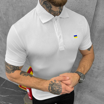 Мужское плотное Поло с принтом "Флаг Украины" / Футболка приталенного кроя белая размер XL