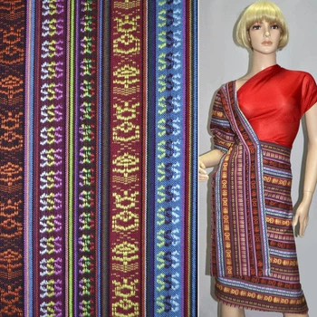 Ткань этно бордовые, голубые, коричневые полосы с орнаментом ш.150 (22810.053)