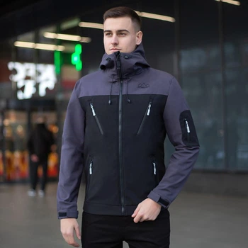 Демисезонная мужская Куртка с капюшоном Pobedov Korol’ Lev SoftShell на флисе серая размер M