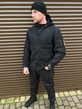 Мужская флисовая Куртка с капюшном и панелями под шевроны черная размер XL