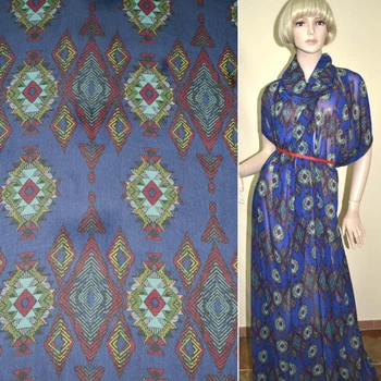 Креп-шифон синій (ультра) з різнокольоровим геометричним малюнком ш.150 (15917.038)