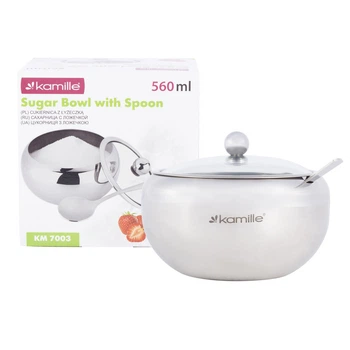 Сахарница 560ml из нержавеющей стали с ложечкой и стеклянной крышкой