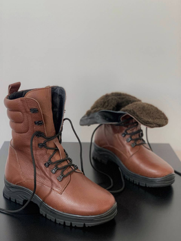 Зимние Берцы Ястреб из натуральной кожи с меховой подкладкой / Высокие утепленные ботинки коричневые размер 49
