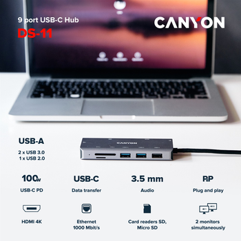 USB-хаб Canyon 9 port USB-C Hub DS-11 Grey (CNS-TDS11)