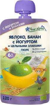 Фруктове органічне пюре Fleur Alpine Яблуко, Банан з Йогуртом і цільними Злаками 120 г (5024688001154)