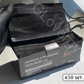 Маски одноразові медичні захисні тришорові чорні із затиском для носа 50 шт