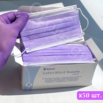Маски медичні Medicom одноразові захисні тришорові фіолетові із затиском для носа 50 шт