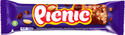 Упаковка батончиків Picnic з карамельною начинкою, арахісом, хрусткими пшеничними пластівцями і родзинками 48 г х 36 шт (7622201762018)