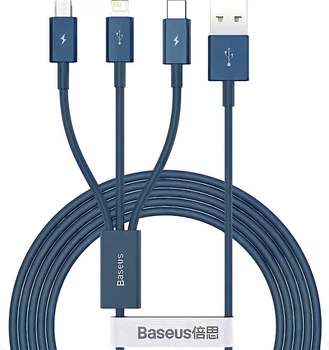 Кабель синхронізації зарядки 3 в 1 Baseus Data Cable USB для Micro+Lightning+Type-C 3 in 1 M+L+C 3.5A 1.5 м для пристроїв iOS Android (iPhone/Samsung/Xiaomi/Huawei/Meizu) Blue