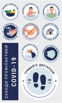 Інформаційні наклейки 10 шт. Заходи ПРОФІЛАКТИКИ вірусу Вхід без маски заборонено Зберігай Дистанцію