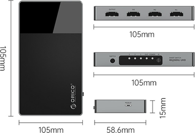 Комутатор Orico HDMI 2.0 4K з 3 входами і 1 виходом (HD-3H-GY-BP)