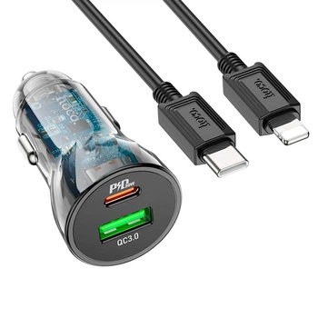 Адаптер автомобильный Hoco Type-C to Lightning CableTransparent Discovery Edition dual port Z47A |1USB/1Type-C, QC/PD, 30W/3A| черный