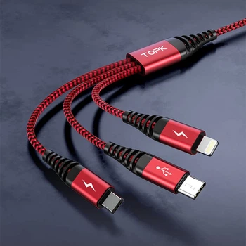 Кабель зарядки і синхронізації MicroUSB, Type-C, Lightning TOPK AN24 3 в 1 Red