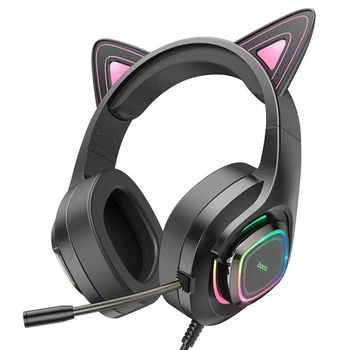 Ігрові навушники з вушками Hoco W107 Cute cat luminous cat ear gaming headphones Phantom Чорно-Рожевий
