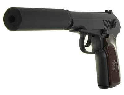 Пістолет страйкбольний на кульках металевий із глушником ПМ Макаров чорний