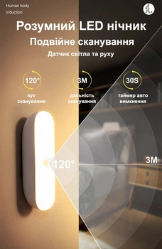 Умный LED ночник с датчиком света, движения и магнитным креплением (желтый свет)