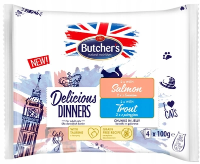 Mokra karma dla kotów Butcher's Delicious Dinners z łososiem oraz z pstrągiem 4 x 100 g (5011792008681)