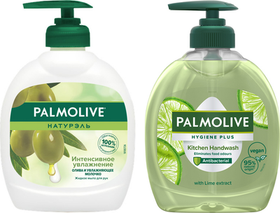 Набор жидкого мыла Palmolive Натурэль Интенсивное увлажнение Олива и увлажняющее молочко 300 мл + Palmolive Hygiene Plus Нейтрализатор запахов для кухни с экстрактом лайма 300 мл (8693495017633/8003520042705)