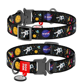 Ошейник для собак WAUDOG Nylon NASA чёрный принт, с QR-паспортом, металлическая пряжка-фастекс, XL, ширина 25 мм, длина 37–58 см, арт. 5123