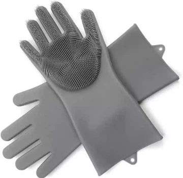 Универсальные перчатки для кухни с щеткой KITCHEN GLOVES 5511 силиконовые, Серый