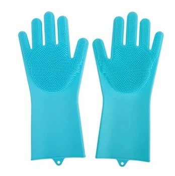Универсальные перчатки для кухни с щеткой KITCHEN GLOVES 5511 силиконовые, Голубые