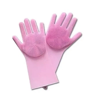 Универсальные перчатки для кухни с щеткой KITCHEN GLOVES 5511 силиконовые, Розовые