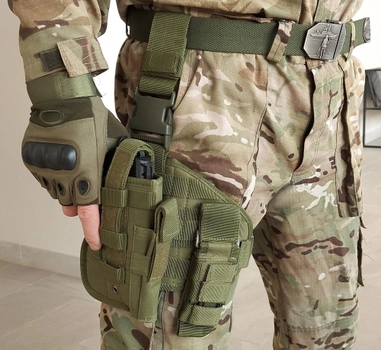 Набедренная тактическая кабура для пистолета Tactic универсальная кобура на пояс с карманом под магазин Олива (holster-1019-olive)