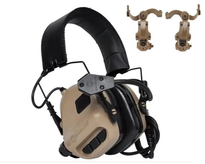 Активные шумоподавляющие наушники Earmor М32 для защиты органов слуха с креплениями чебурашка на баллистический шлем каску OPS Core Койот (Kali)