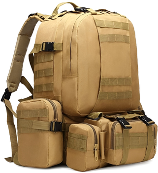 Тактичний військовий армійський рюкзак military 60 л койот з змінними 3 підсумками для ЗСУ похідний Дволямковий Oxford 600 50х46х28 см