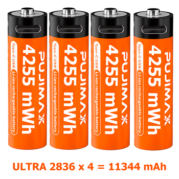 4 шт Li-Ion 1.5V AA аккумулятор 4255mWh (2600 mAh) PUJIMAX EXTRIME USB-C 1500 циклов +кабель и кейс Оражевый