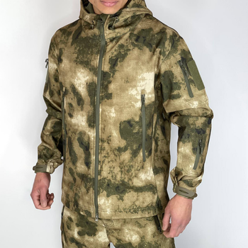 Мужская демисезонная Куртка SoftShell на флисе с капюшоном и вентиляционными молниями камуфляж размер L