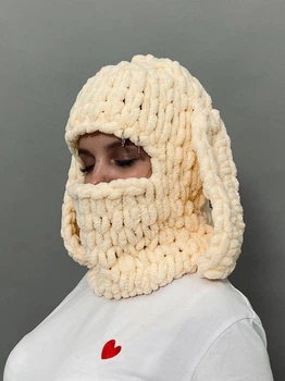 Вязанная балаклава шапка Alize Puffy Ванильного цвета, с ушами зайца и цепочкой (3256954)