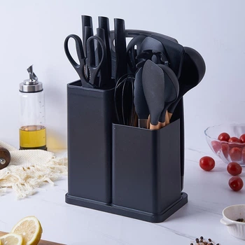 Набір кухонного приладдя Kitchenware Set 19 предметів (ножі, аксесуари, підставка) чорний