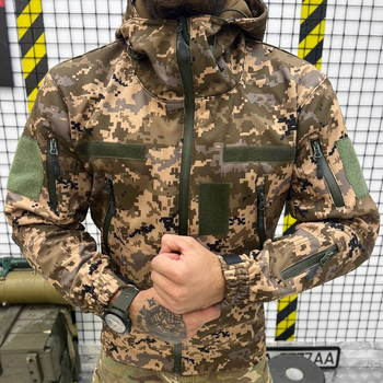 Осенняя мужская Куртка с капюшоном Softshell на флисе пиксель размер M
